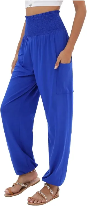 Women Linen Summer Baggy Pant Trousers Elastic Waist Ankle Length Slim-Fit Pant Trousers Office