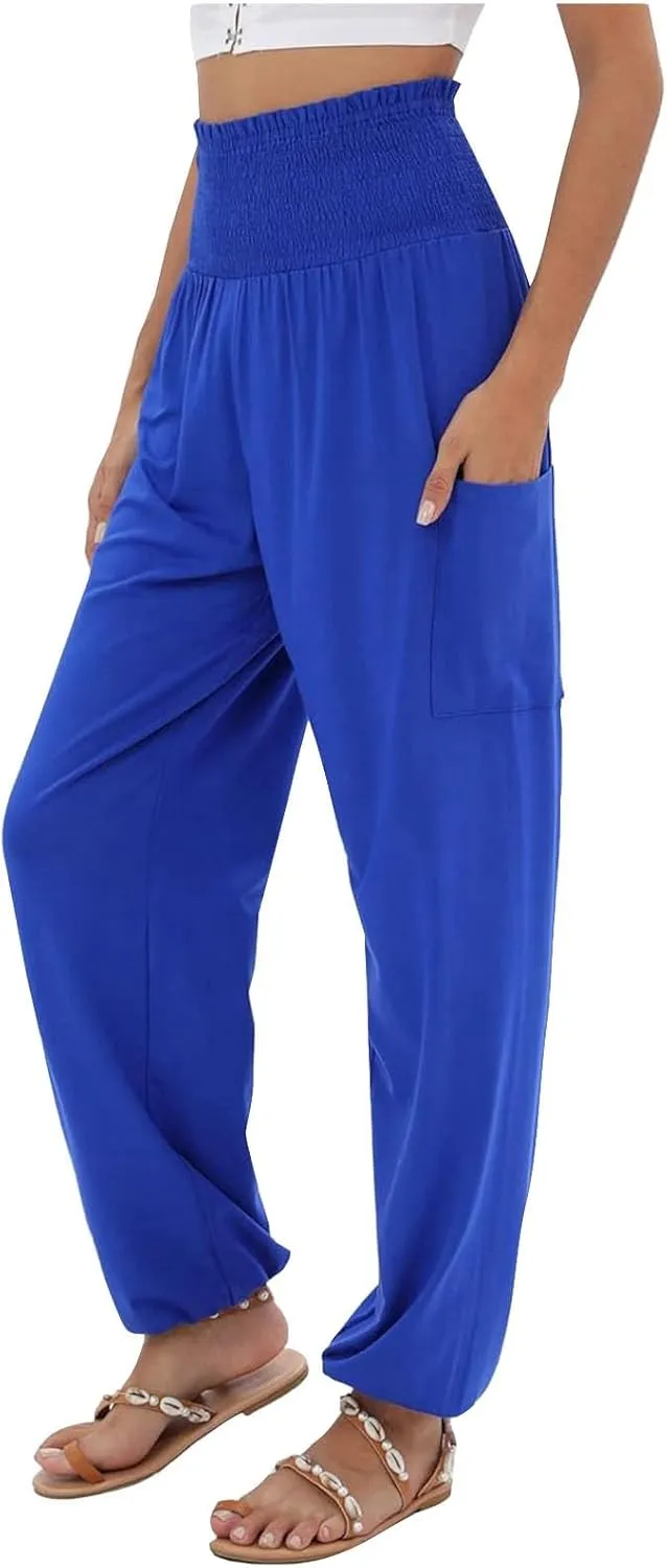 Women Linen Summer Baggy Pant Trousers Elastic Waist Ankle Length Slim-Fit Pant Trousers Office