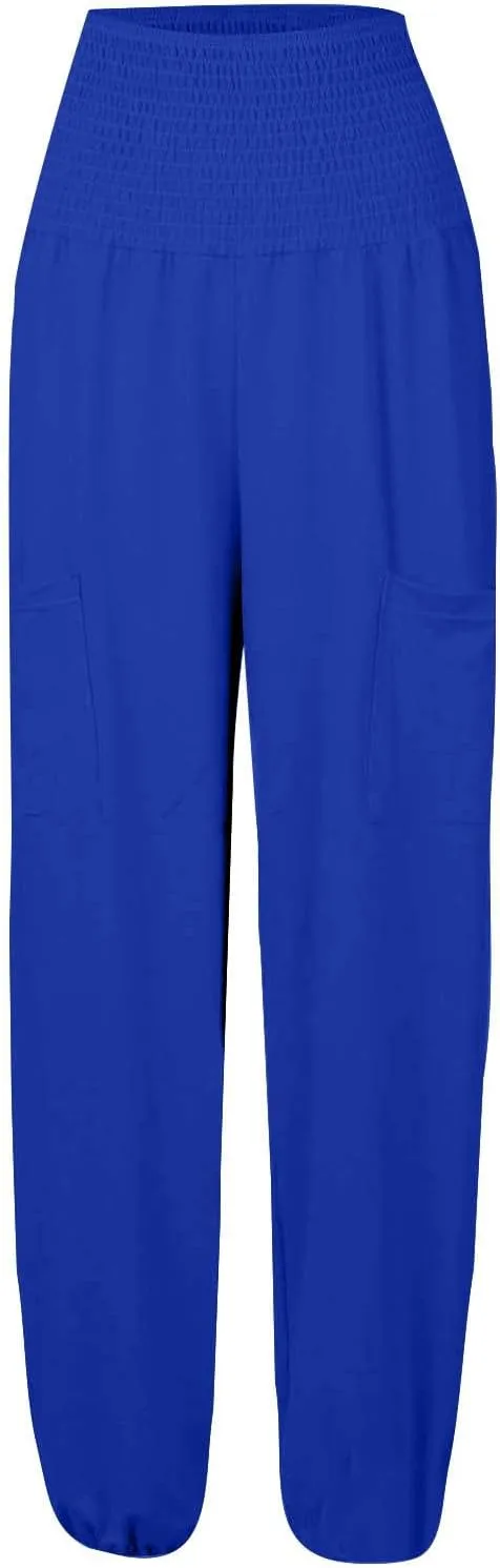 Women Linen Summer Baggy Pant Trousers Elastic Waist Ankle Length Slim-Fit Pant Trousers Office