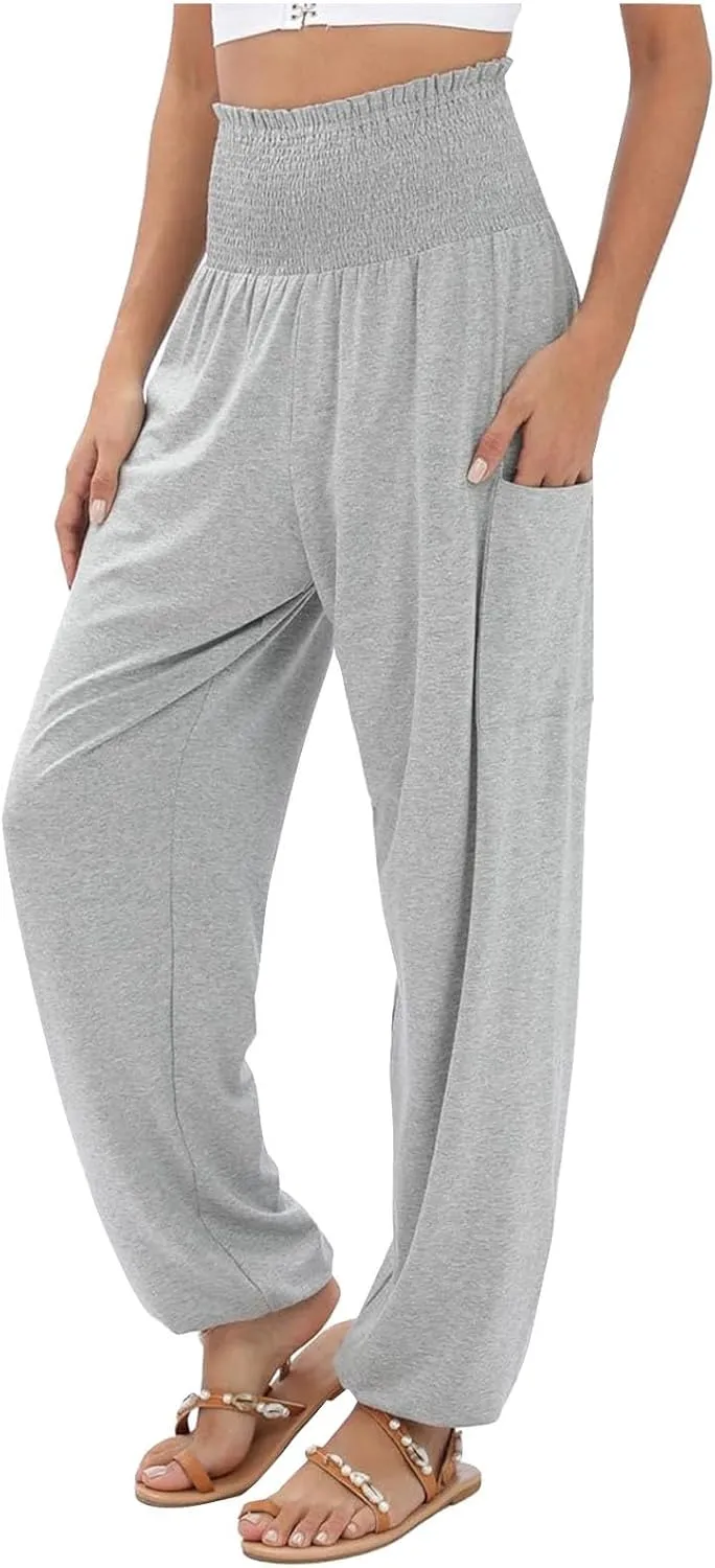 Women Linen Summer Baggy Pant Trousers Elastic Waist Ankle Length Slim-Fit Pant Trousers Office