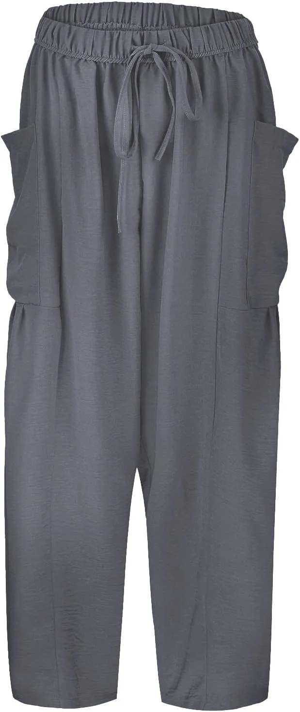 Women Linen Summer Floral Pant Trousers Elastic Waisted Wide Leg Slim-Fit Trousers Vacation