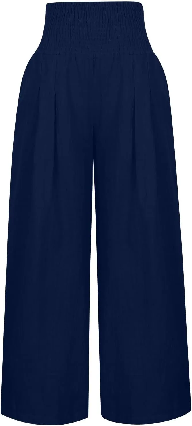 Women Linen Summer Palazzo Pant Trousers Low Waist Ankle Length Slim-Fit Palazzo Lounge Pants Beach