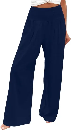 Women Linen Summer Palazzo Pant Trousers Low Waist Ankle Length Slim-Fit Palazzo Lounge Pants Beach