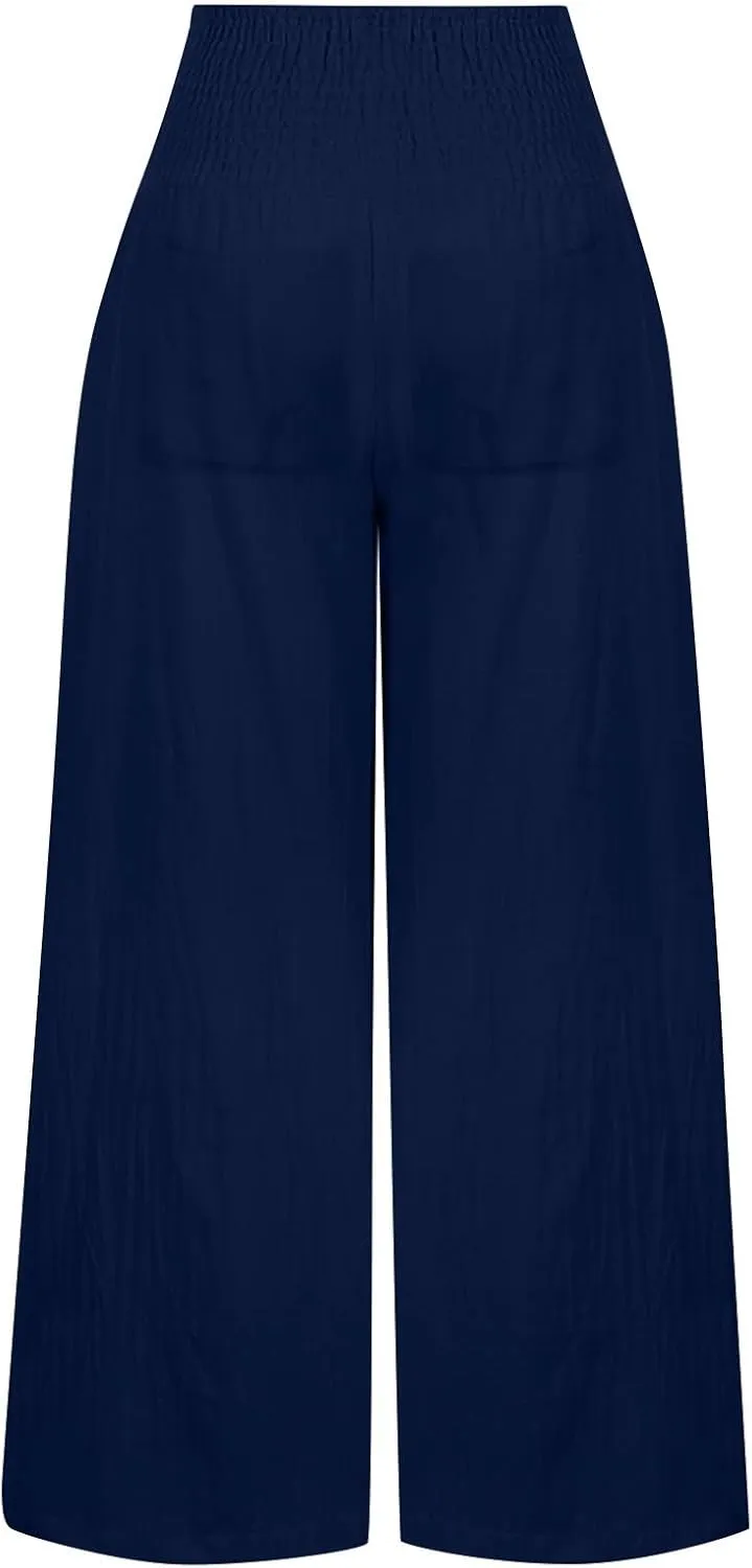 Women Linen Summer Palazzo Pant Trousers Low Waist Ankle Length Slim-Fit Palazzo Lounge Pants Beach