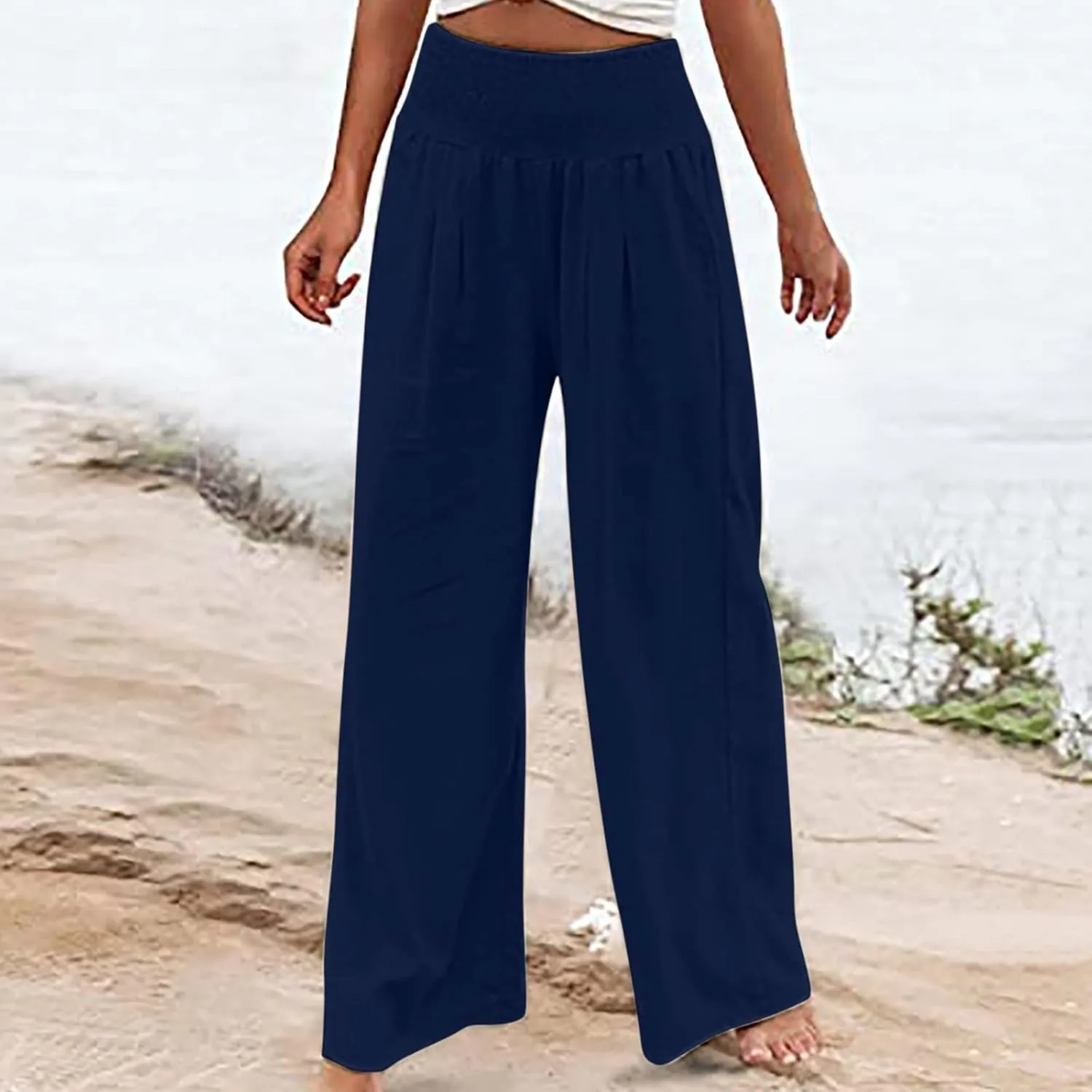 Women Linen Summer Palazzo Pant Trousers Low Waist Ankle Length Slim-Fit Palazzo Lounge Pants Beach
