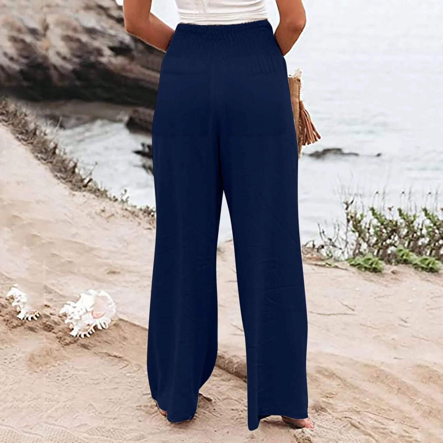 Women Linen Summer Palazzo Pant Trousers Low Waist Ankle Length Slim-Fit Palazzo Lounge Pants Beach
