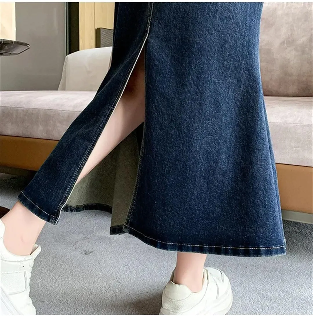 Women Medium-Length High-Waisted Denim Skirt Pearl Embellishment A- Line Hip Wrap Fish Tail Skirt