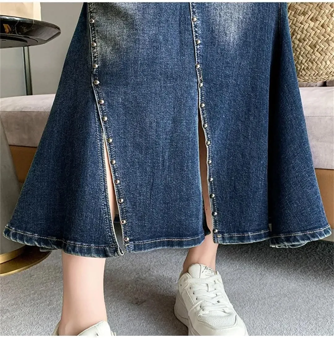 Women Medium-Length High-Waisted Denim Skirt Pearl Embellishment A- Line Hip Wrap Fish Tail Skirt