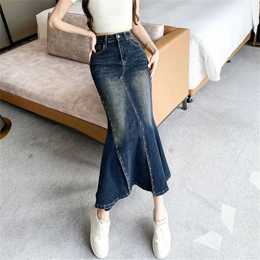 Women Medium-Length High-Waisted Denim Skirt Pearl Embellishment A- Line Hip Wrap Fish Tail Skirt