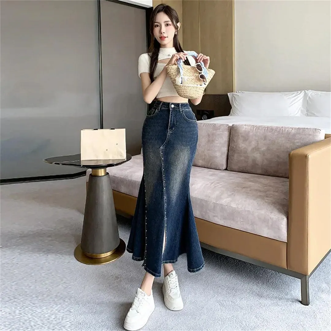 Women Medium-Length High-Waisted Denim Skirt Pearl Embellishment A- Line Hip Wrap Fish Tail Skirt