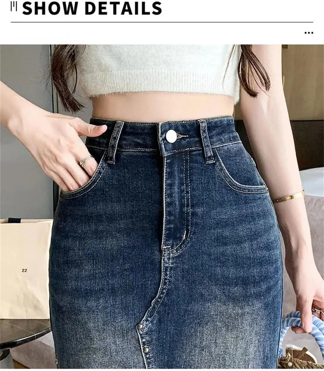 Women Medium-Length High-Waisted Denim Skirt Pearl Embellishment A- Line Hip Wrap Fish Tail Skirt