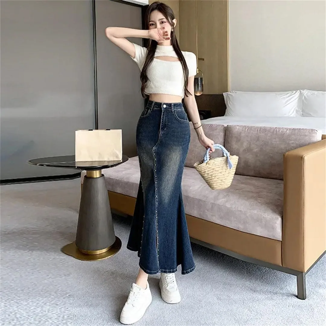 Women Medium-Length High-Waisted Denim Skirt Pearl Embellishment A- Line Hip Wrap Fish Tail Skirt