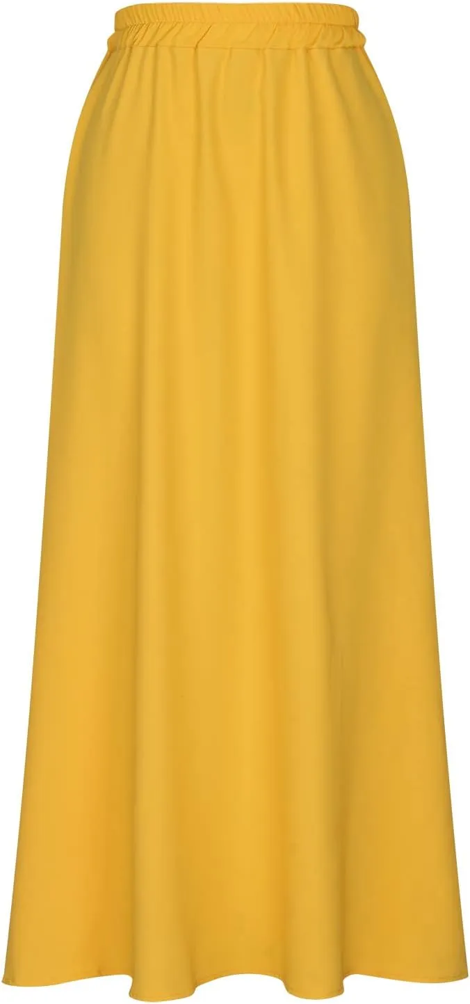 Women Midi Skirt Vintage High Waist Pleated Skirt With Pockets Swing A-Line Maxi Dress Vintage Flowy Flared Long Skirts