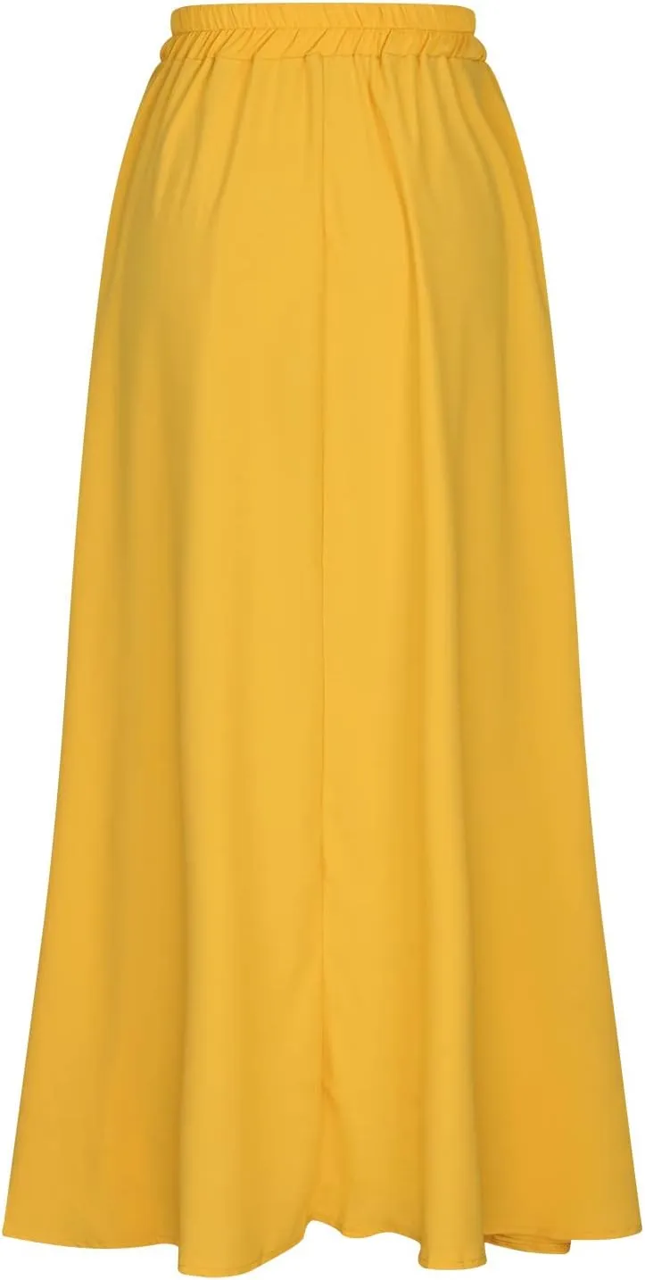 Women Midi Skirt Vintage High Waist Pleated Skirt With Pockets Swing A-Line Maxi Dress Vintage Flowy Flared Long Skirts
