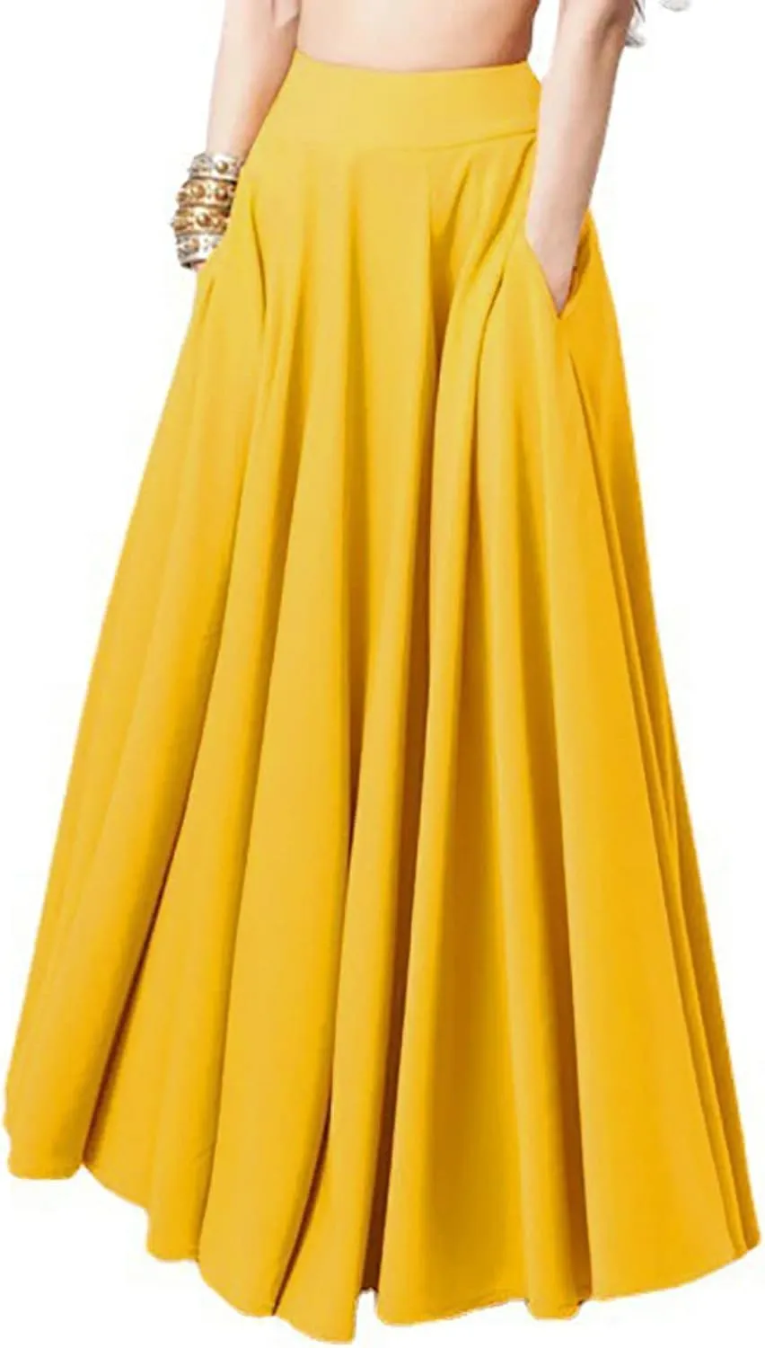 Women Midi Skirt Vintage High Waist Pleated Skirt With Pockets Swing A-Line Maxi Dress Vintage Flowy Flared Long Skirts