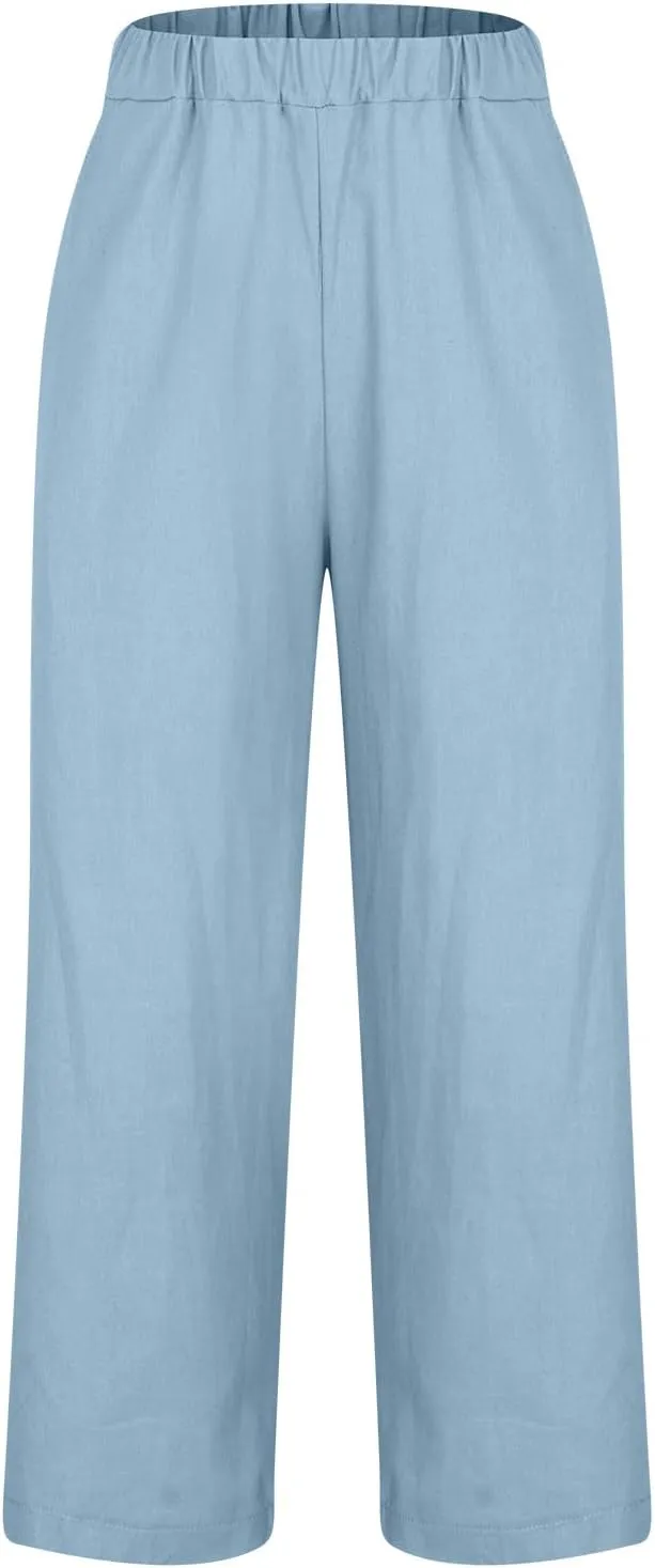Women Summer Beach Pants Casual Elastic High Waist Wide Leg Pant Comfy Cotton Linen Plus Size Trousers with Pockets