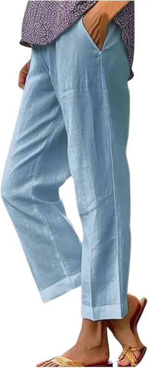Women Summer Beach Pants Casual Elastic High Waist Wide Leg Pant Comfy Cotton Linen Plus Size Trousers with Pockets