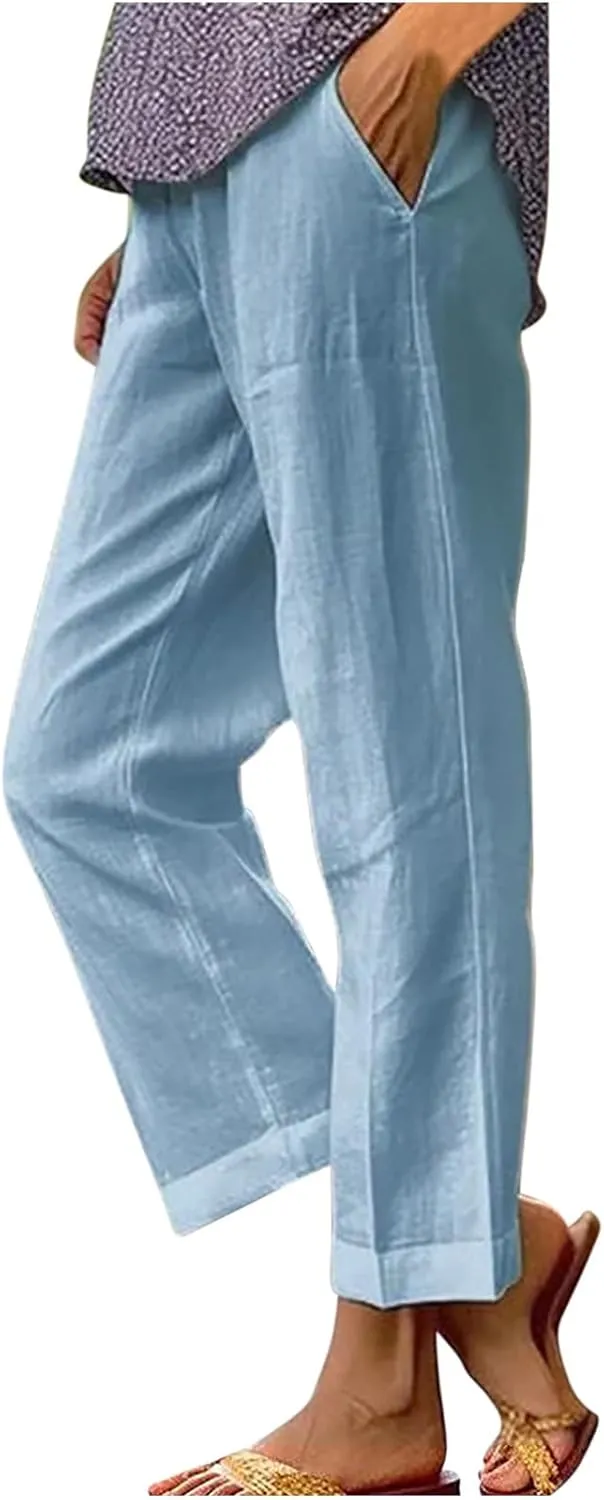 Women Summer Beach Pants Casual Elastic High Waist Wide Leg Pant Comfy Cotton Linen Plus Size Trousers with Pockets