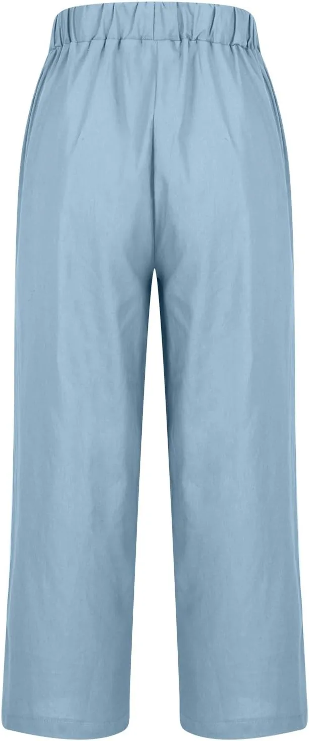 Women Summer Beach Pants Casual Elastic High Waist Wide Leg Pant Comfy Cotton Linen Plus Size Trousers with Pockets
