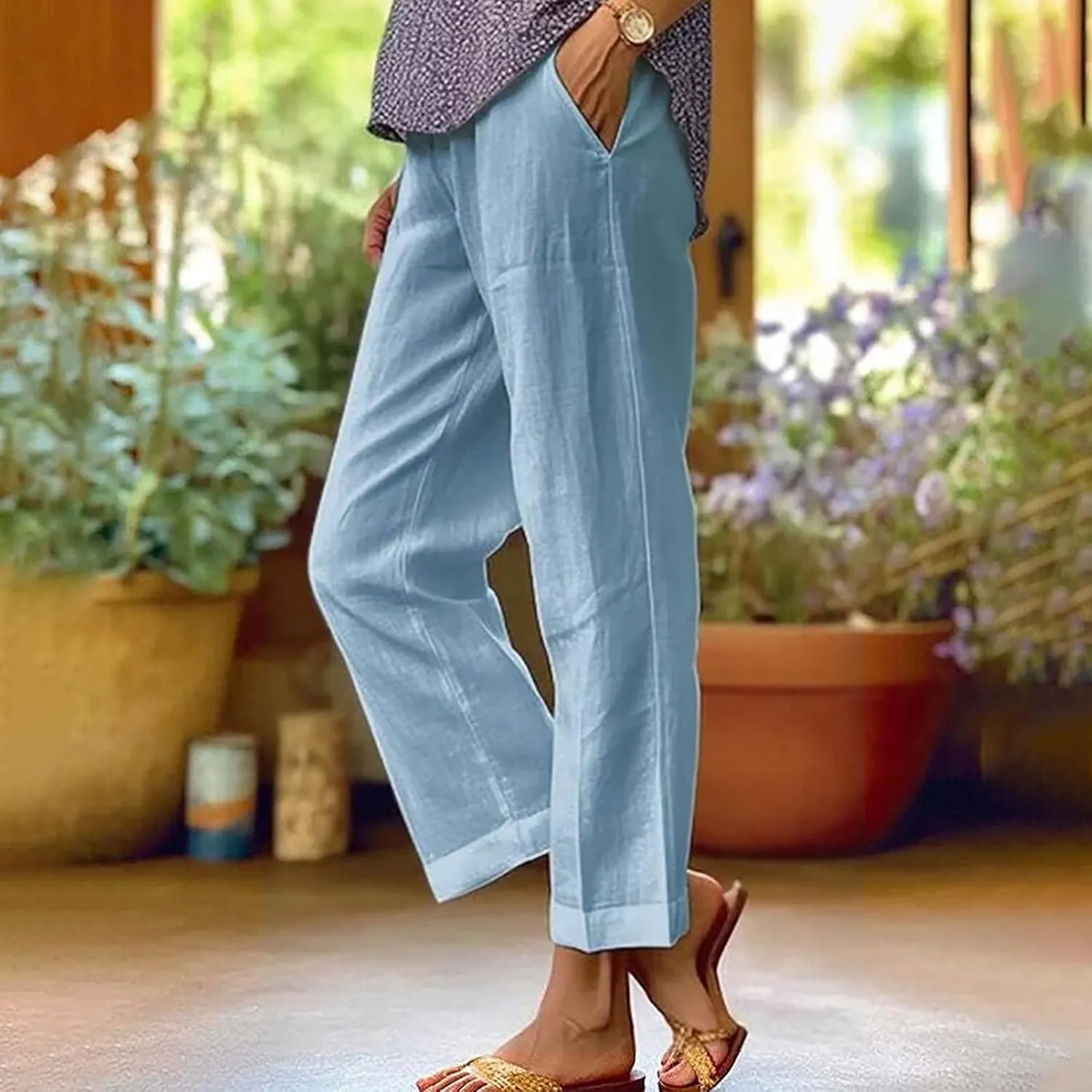 Women Summer Beach Pants Casual Elastic High Waist Wide Leg Pant Comfy Cotton Linen Plus Size Trousers with Pockets