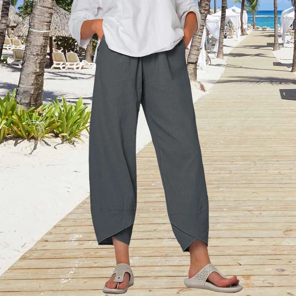 Women Summer Linen Wide Leg Capris Casual Pleated Elastic Waist Baggy Pants Beach Palazzo Trousers with Pockets
