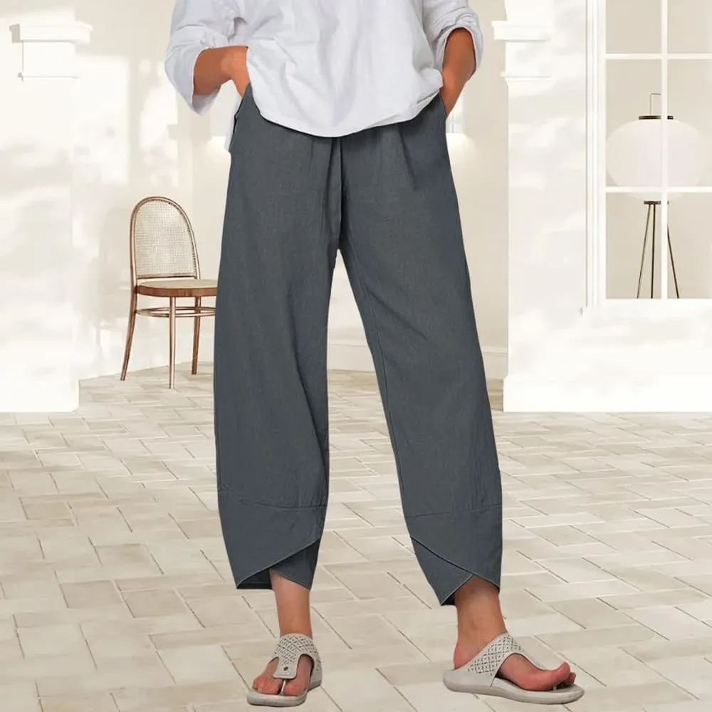 Women Summer Linen Wide Leg Capris Casual Pleated Elastic Waist Baggy Pants Beach Palazzo Trousers with Pockets