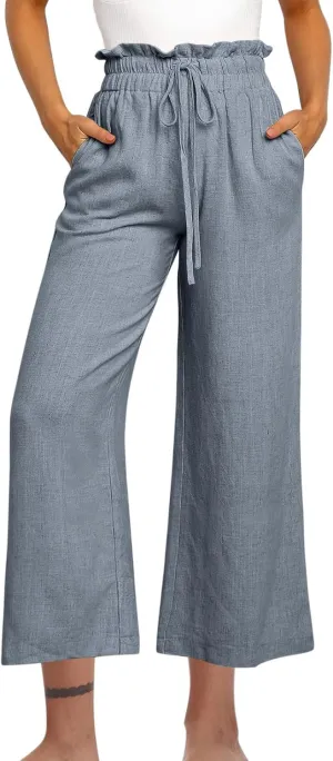 Women Summer Wide Leg Capri Pants Casual Fashion High Waist Solid Cotton Linen Pants Lounge Beach Trousers
