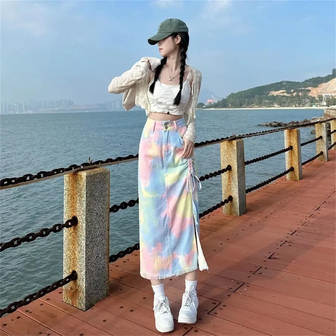 Women Tie-Dye Gradient Color and Fringe High-Waisted Denim Skirt