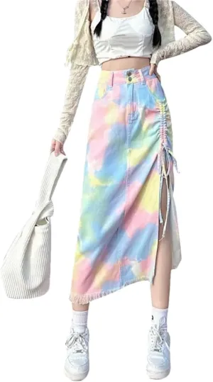 Women Tie-Dye Gradient Color and Fringe High-Waisted Denim Skirt