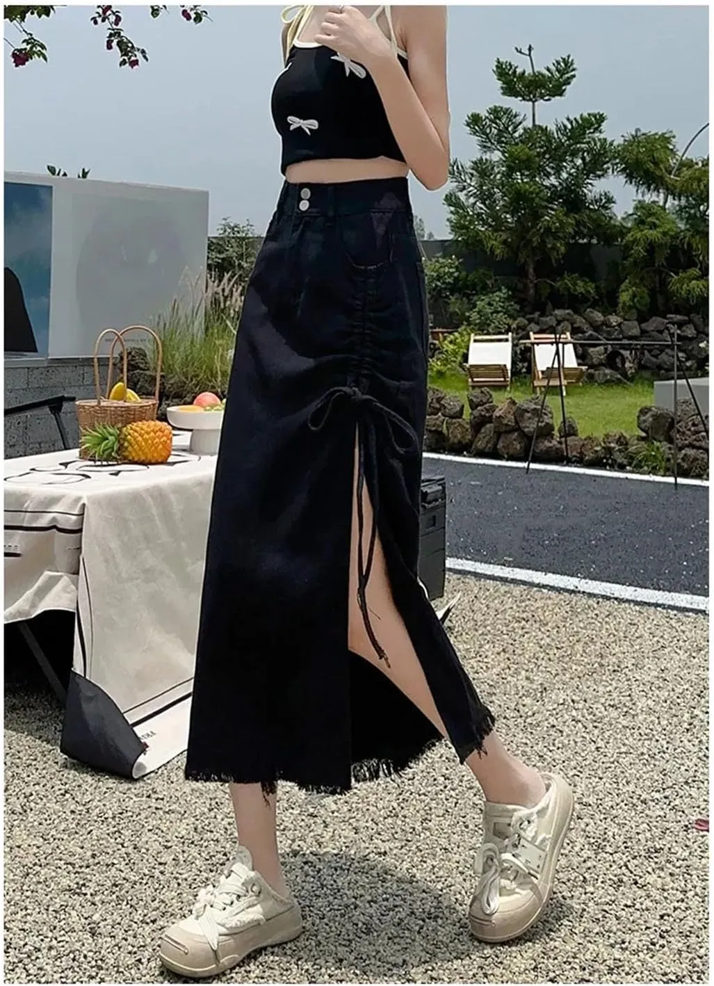Women Tie-Dye Gradient Color and Fringe High-Waisted Denim Skirt