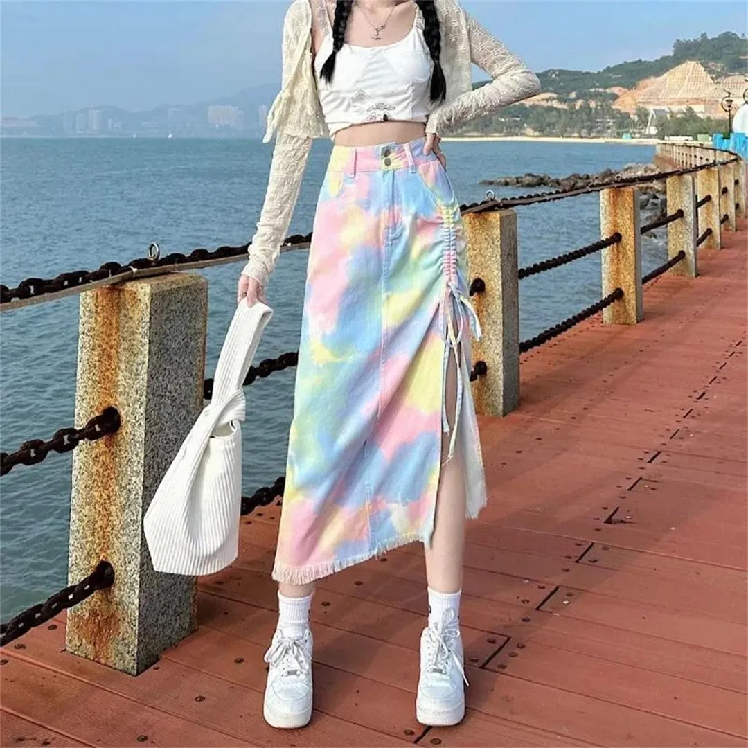 Women Tie-Dye Gradient Color and Fringe High-Waisted Denim Skirt