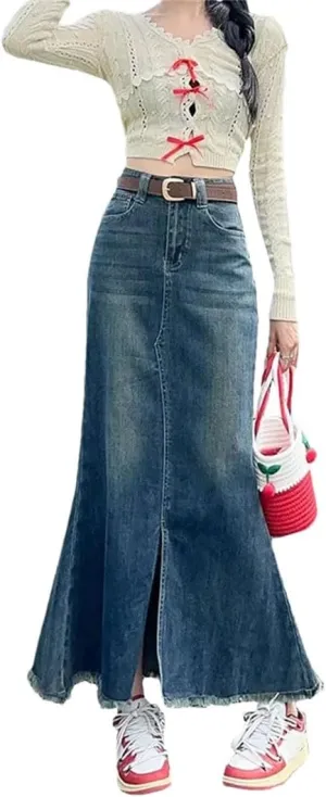 Women Vintage Fringe Denim Skirt High-Waisted Style Hip Covering Medium Length Skirt