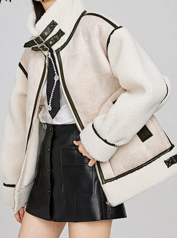Women Winter Motorcycle Coat Vintage Fur Jacket Loose Warm Thick Parka