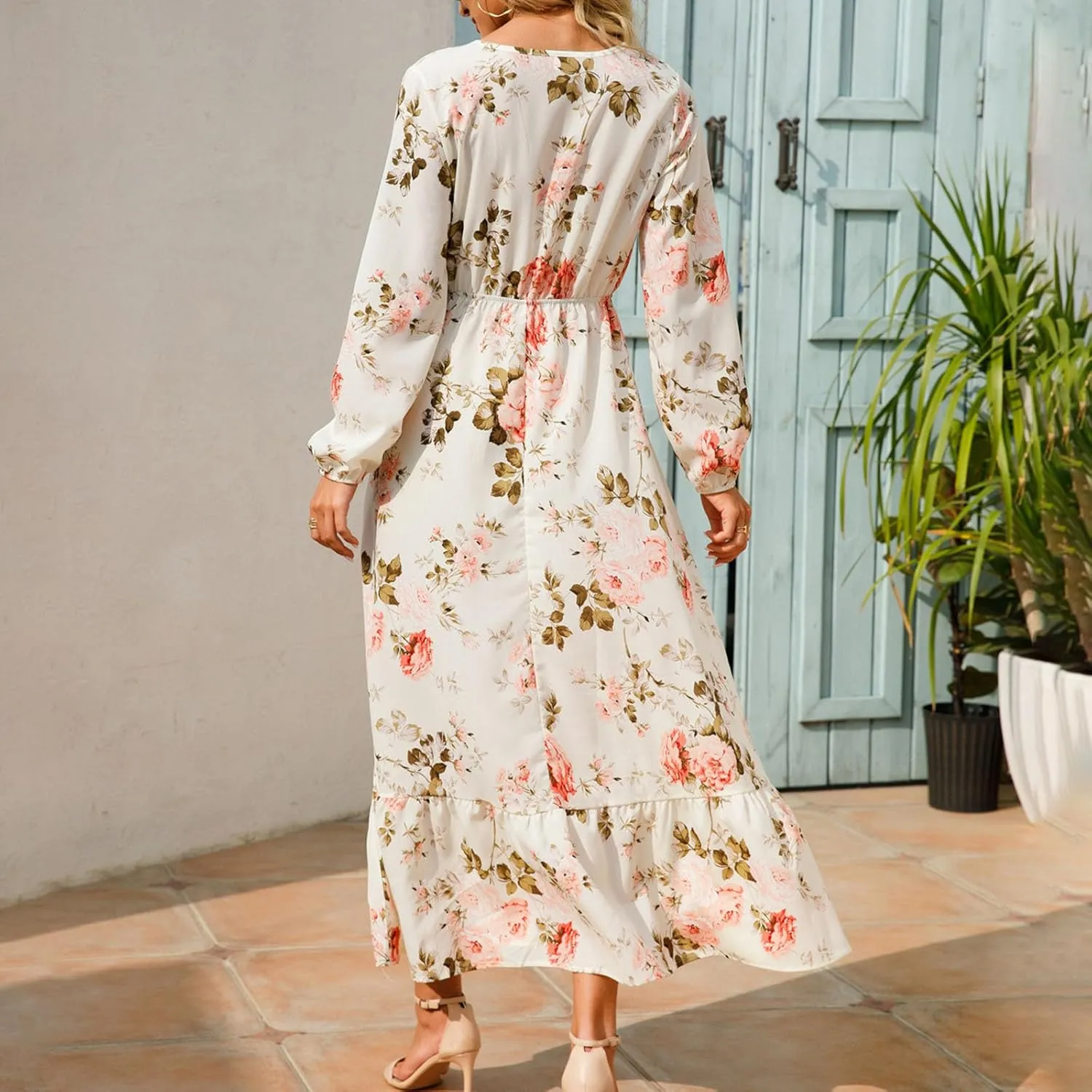 Womens 2024 Fall Dress Round Neck Long Puff Sleeve Floral Maxi Dress Fashion Smocked Ruffle Tiered Party Dress Flowy