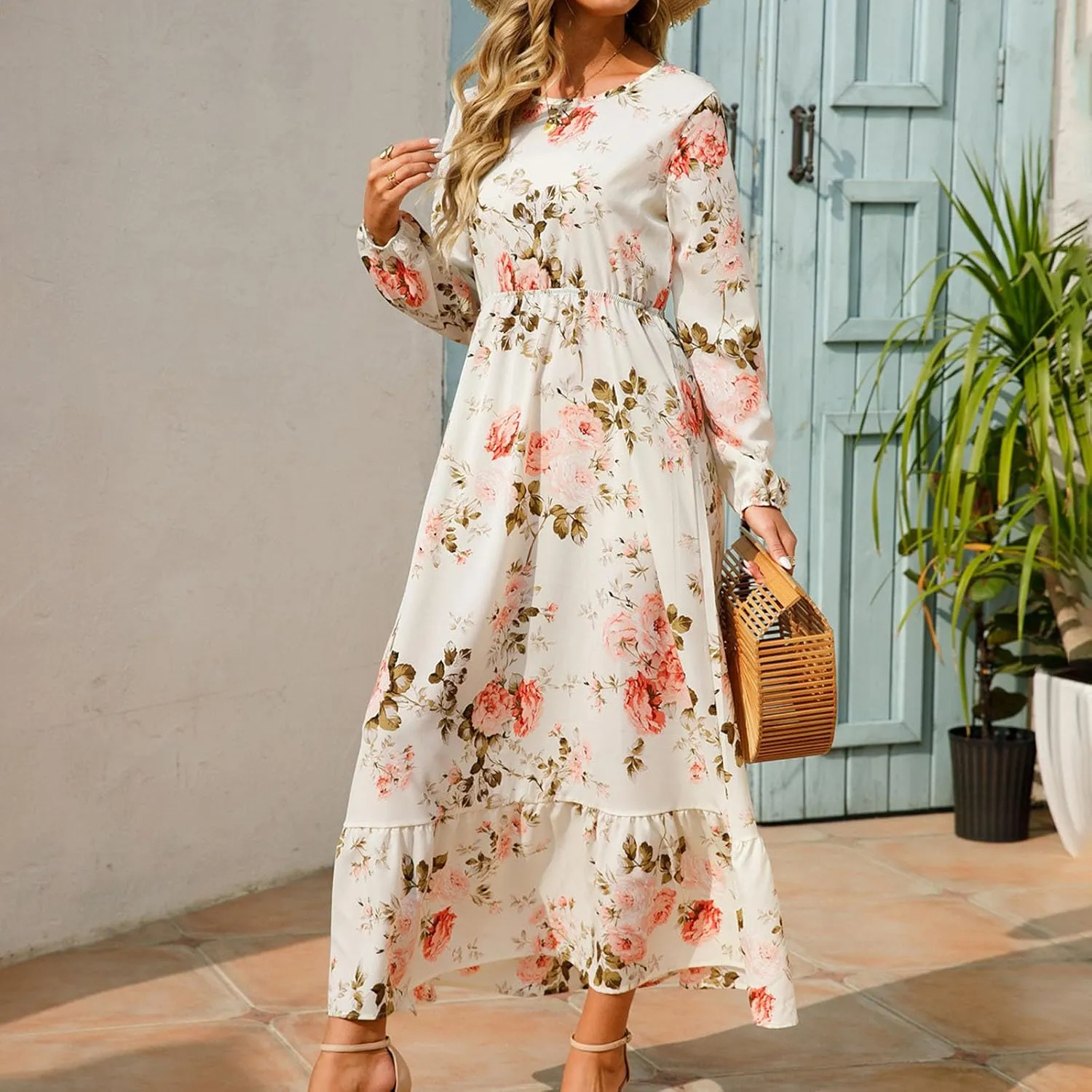 Womens 2024 Fall Dress Round Neck Long Puff Sleeve Floral Maxi Dress Fashion Smocked Ruffle Tiered Party Dress Flowy