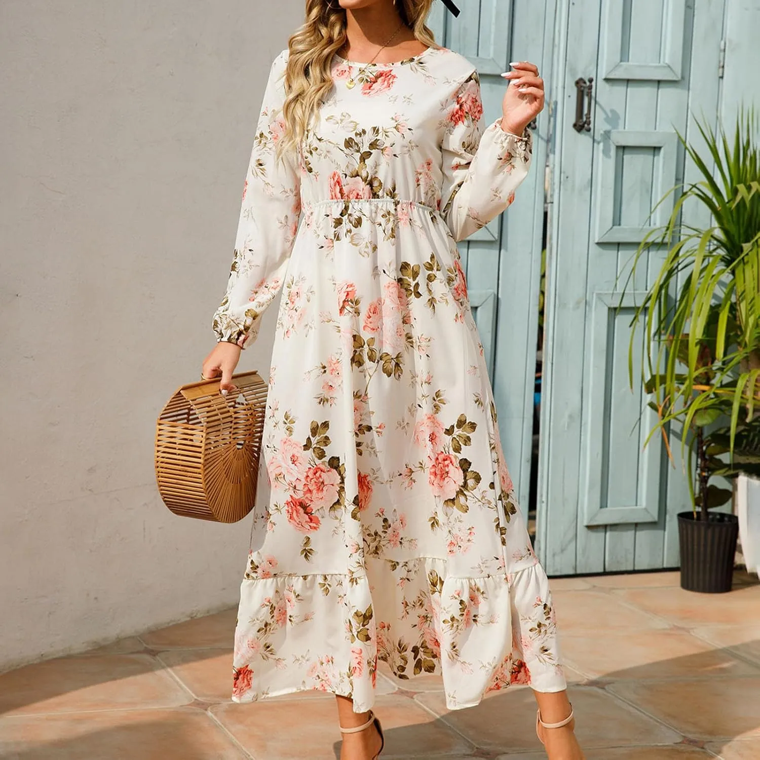 Womens 2024 Fall Dress Round Neck Long Puff Sleeve Floral Maxi Dress Fashion Smocked Ruffle Tiered Party Dress Flowy