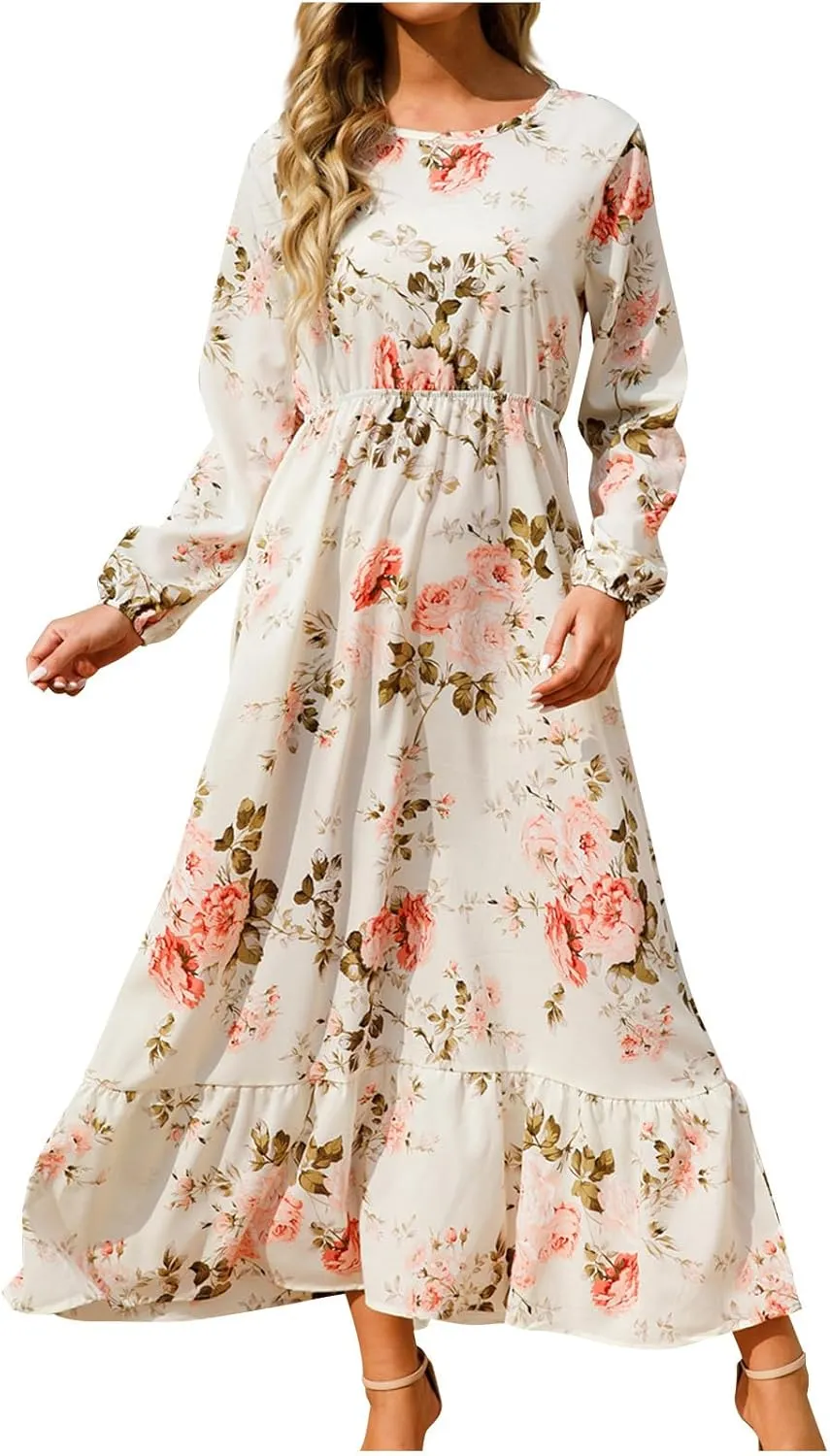 Womens 2024 Fall Dress Round Neck Long Puff Sleeve Floral Maxi Dress Fashion Smocked Ruffle Tiered Party Dress Flowy