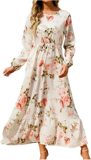 Womens 2024 Fall Dress Round Neck Long Puff Sleeve Floral Maxi Dress Fashion Smocked Ruffle Tiered Party Dress Flowy