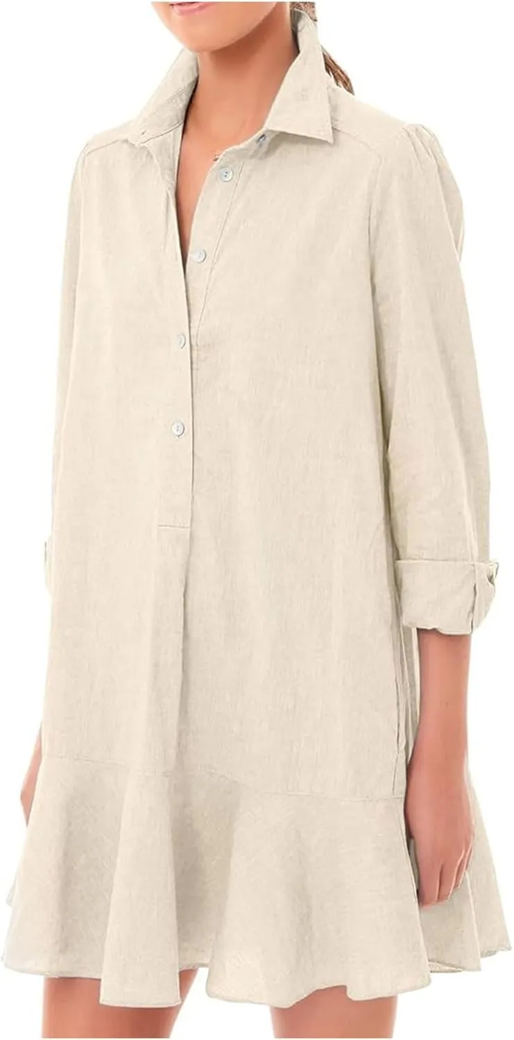 Womens 2024 Summer Casual Button Down Dress 3/4 Rolled-Up Sleeve Loose Ruffle Mini Dress Solid Color Shirts Sun Dress