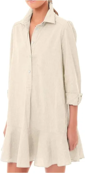 Womens 2024 Summer Casual Button Down Dress 3/4 Rolled-Up Sleeve Loose Ruffle Mini Dress Solid Color Shirts Sun Dress