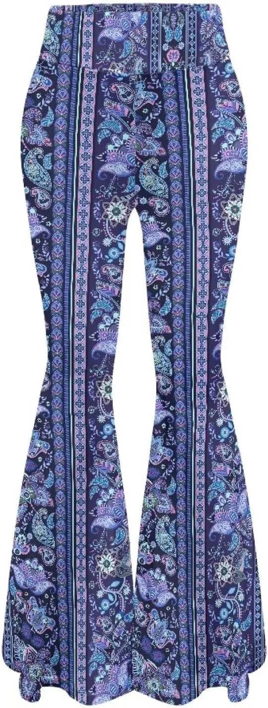Women's 70S Yoga Pants Flare Ladies Hippie Flower Flared Leggings Athletic Leggings High Waisted Workout Pants