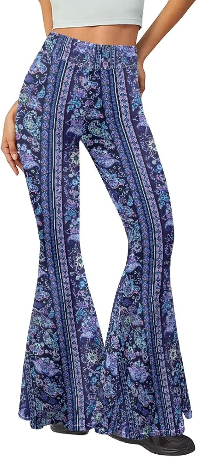 Women's 70S Yoga Pants Flare Ladies Hippie Flower Flared Leggings Athletic Leggings High Waisted Workout Pants