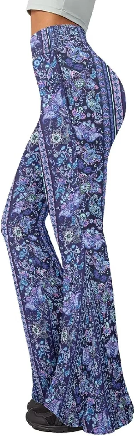 Women's 70S Yoga Pants Flare Ladies Hippie Flower Flared Leggings Athletic Leggings High Waisted Workout Pants