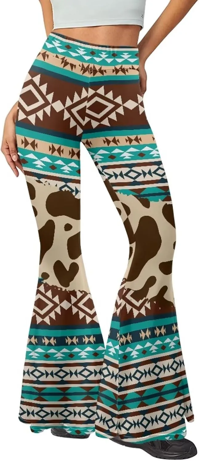 Women's 70S Yoga Pants Flare Ladies Hippie Flower Flared Leggings Athletic Leggings High Waisted Workout Pants