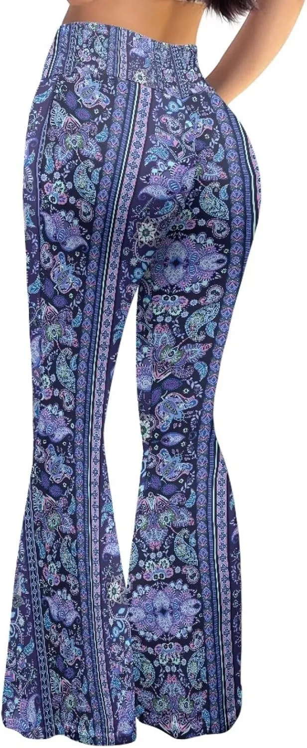 Women's 70S Yoga Pants Flare Ladies Hippie Flower Flared Leggings Athletic Leggings High Waisted Workout Pants