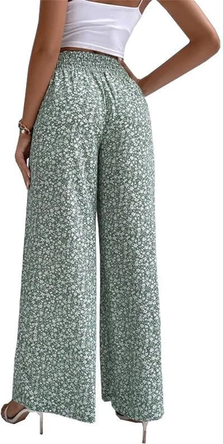 Womens Boho Floral Pants High Waist Palazzo Trousers Lightweight Comfy Loose Fit Wide Leg Lounge Long Pants