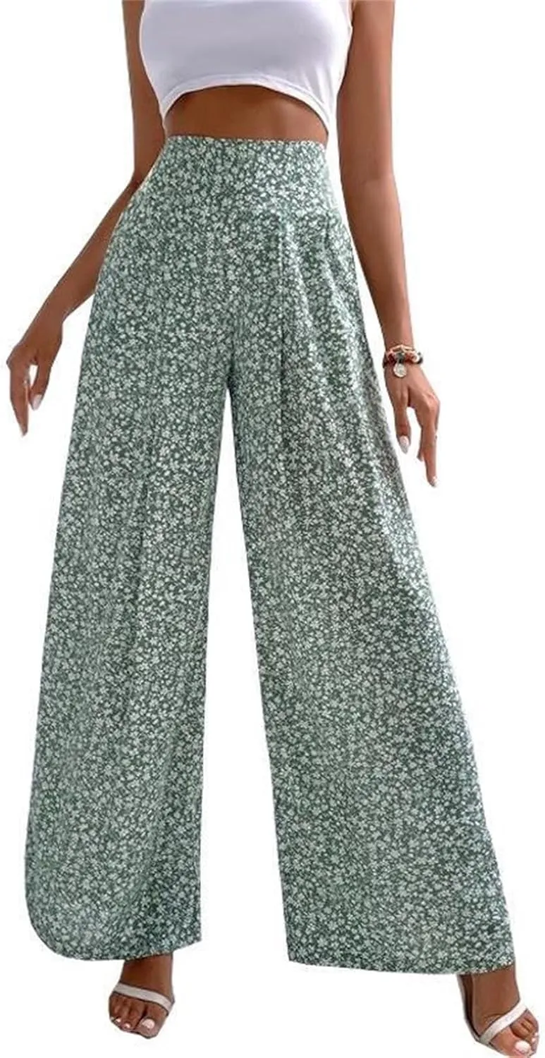 Womens Boho Floral Pants High Waist Palazzo Trousers Lightweight Comfy Loose Fit Wide Leg Lounge Long Pants