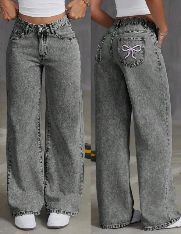 Women's Bow Embroidered Jeans High Waist Straight Leg Baggy Denim Pants Casual Y2k Trousers with Pockets