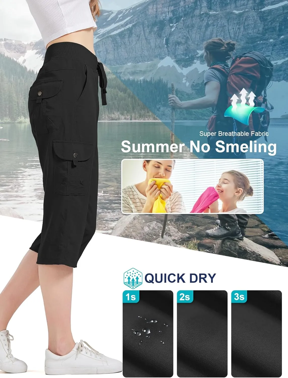 Women's Cargo Capris Hiking Pants Quick Dry Lightweight Athletic Outdoor Travel Loose Fit Casual Capris with Pockets