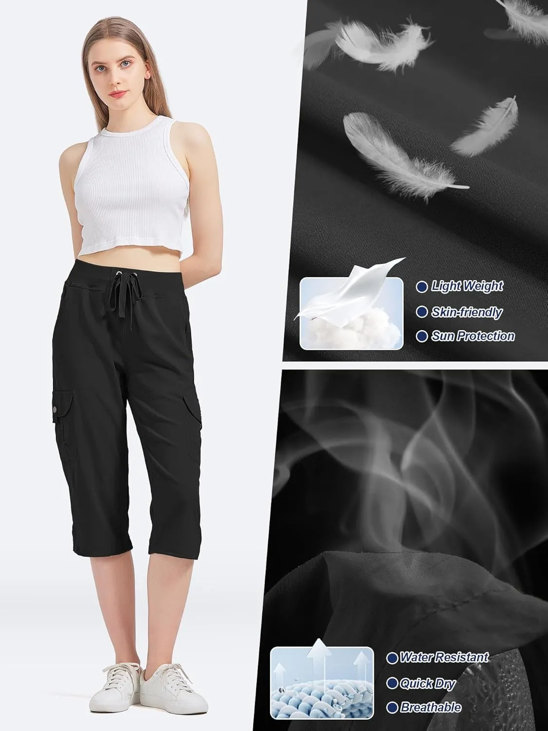 Women's Cargo Capris Hiking Pants Quick Dry Lightweight Athletic Outdoor Travel Loose Fit Casual Capris with Pockets